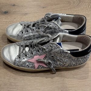 Golden Goose Silver Glitter Sneakers with Pink Star